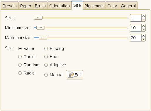 «Size» tab options