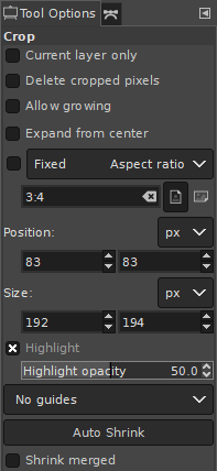 Tool Options for the «Crop» tool