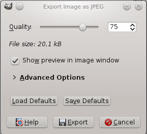 «Export Image as JPEG» dialog with quality 75