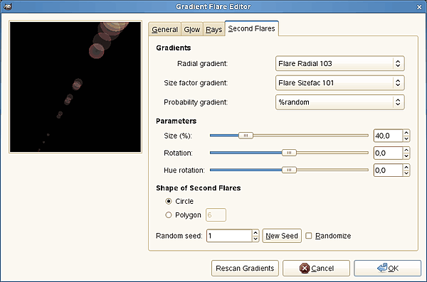 “Gradient Flare Editor” options (Second Flares)