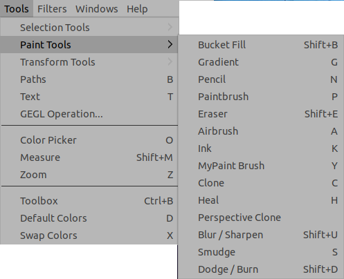 Menu tools. Dodge gimp Tool.