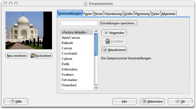 Eigenschaften (Voreinstellungen) für das Filter GIMPressionist