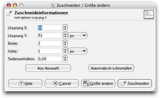 Dialogfenster des Werkzeuges Zuschneiden / Größe ändern