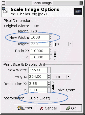 Dialog for Image Scaling in Pixels