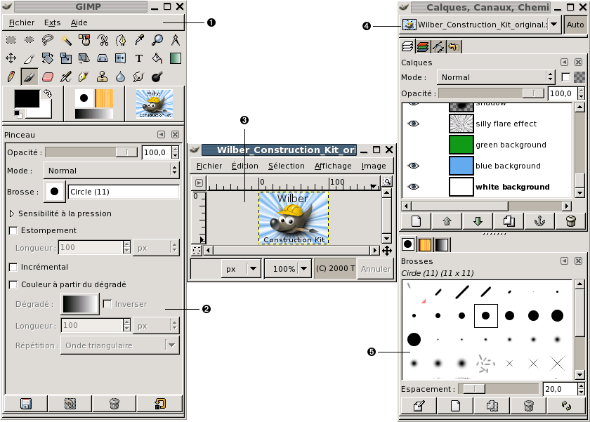 Capture d'écran illustrant la fenêtre standard de GIMP