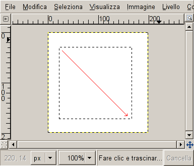 La schermata mostra come viene creata una selezione rettangolare. Mantenere premuto il tasto sinistro del mouse mentre lo si muove nella direzione della freccia rossa.