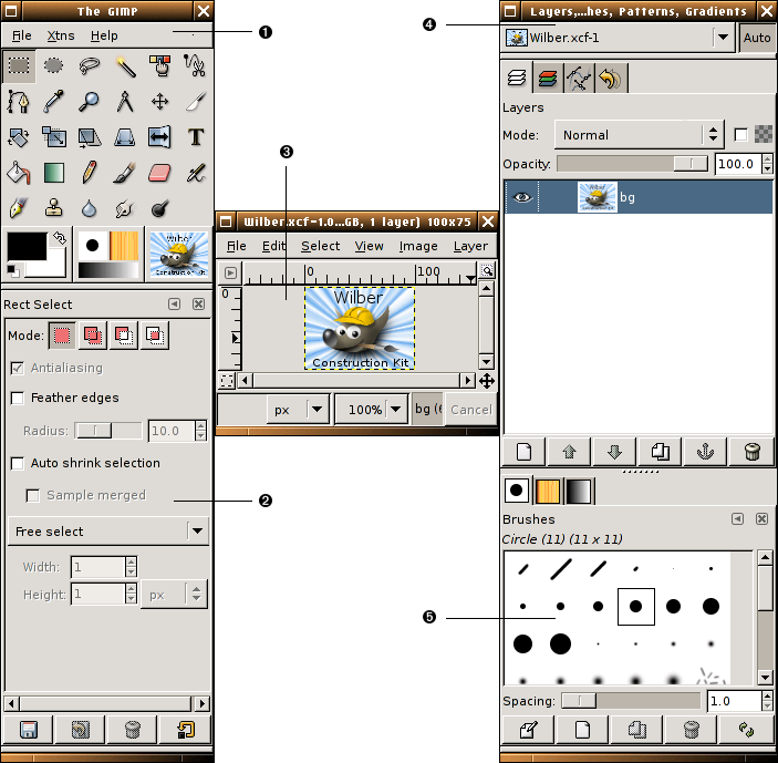 La captura de pantalla ilustra las ventanas principales del GIMP