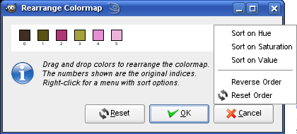 The Rearrange Colormap window and its sub-menu