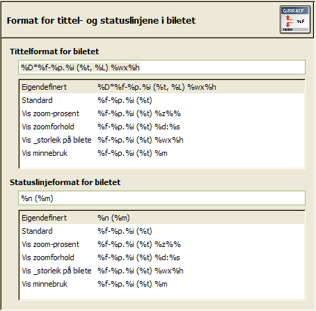 Format for tittel- og statuslinjer i biletet
