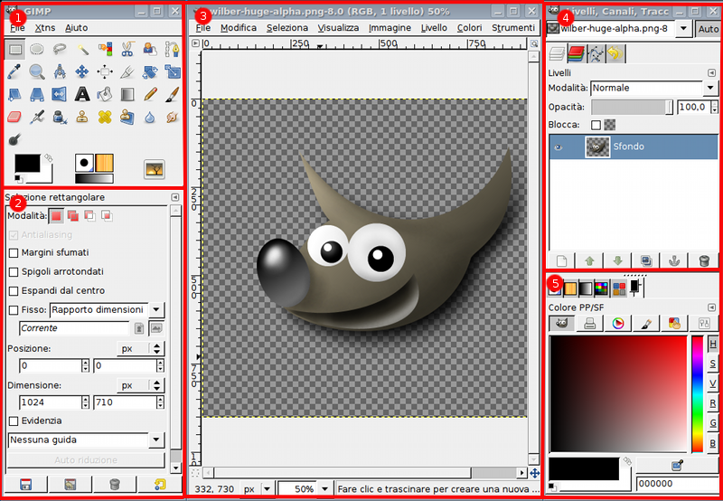 L'immagine mostra le finestre standard di GIMP