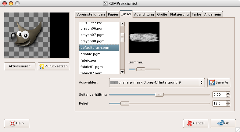 Eigenschaften (Pinsel) für das Filter „GIMPressionist“