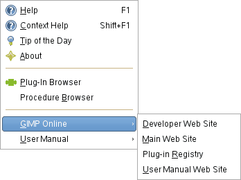 The “GIMP Online” submenu of the Help menu