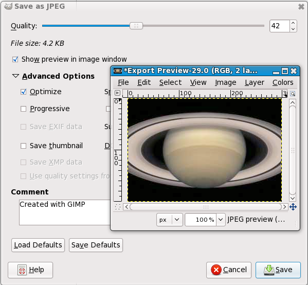 Dialog for Image Saving as JPEG