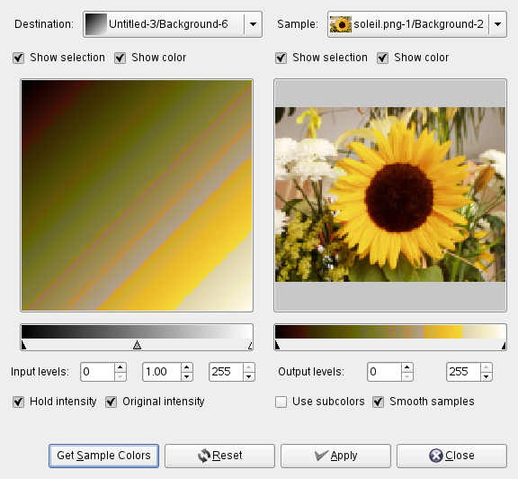 Opciones del filtro “Colorear desde muestra” filter