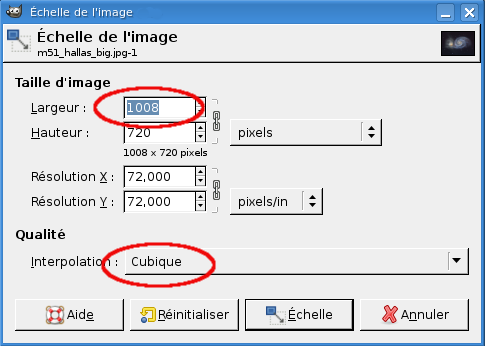 Fenêtre de dialogue pour Changer la taille de l'image en pixels