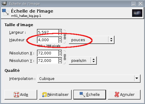 Fenêtre de dialogue pour changer l'échelle de l'image en pouces