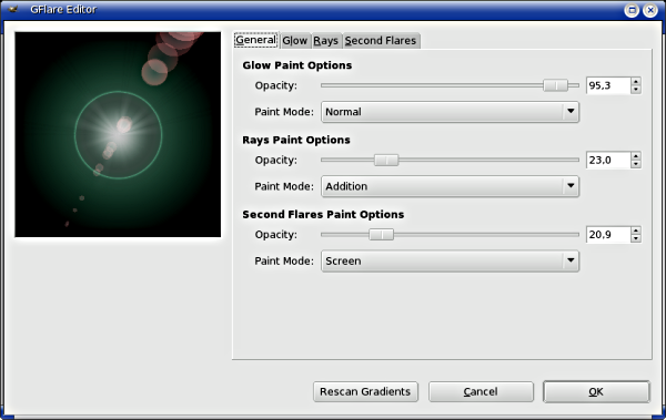 “Gradient Flare Editor” options (General)