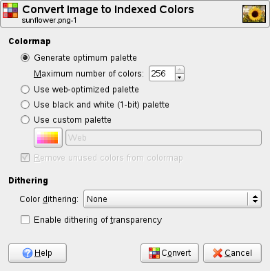 The „Convert Image to Indexed Colors” dialog