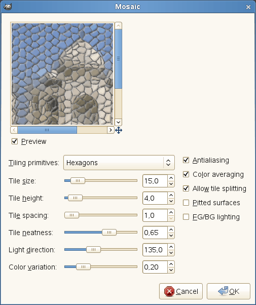 „Mosaic” filter options