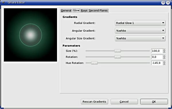 „Gradient Flare Editor” options (Glow)