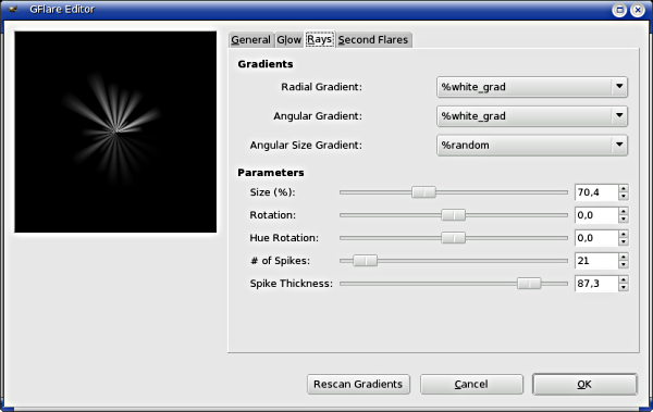 „Gradient Flare Editor” options (Rays)
