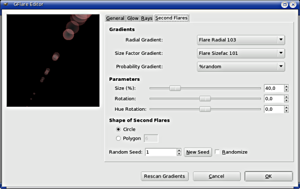 „Gradient Flare Editor” options (Second Flares)