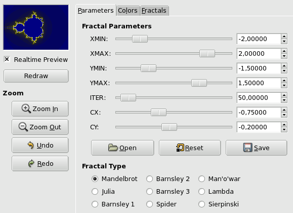 „Parameters” options for Fractal Explorer filter