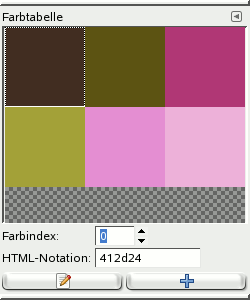 Ein Bild mit 6 Farben im Modus Indiziert und der zugehörige Farbtabellendialog