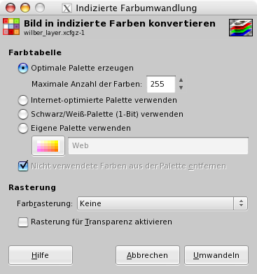 Beschreibung des Dialogfensters Bild in indizierte Farben konvertieren