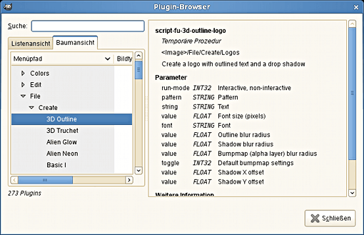 Das Dialogfenster des Plugin-Browsers (Baumansicht)