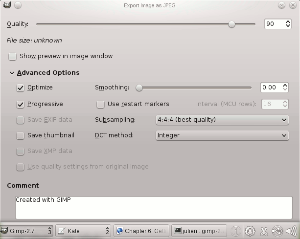 The JPEG Export dialog