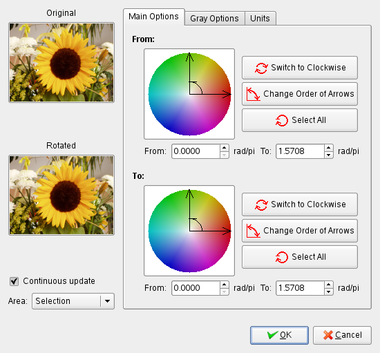 Opciones principales del filtro Rotación del mapa de color