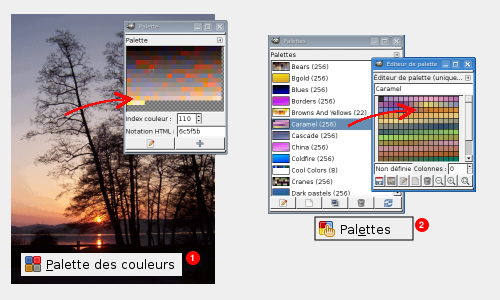 Les fenêtres de dialogue: Palette des couleurs (1) et Palettes (2)