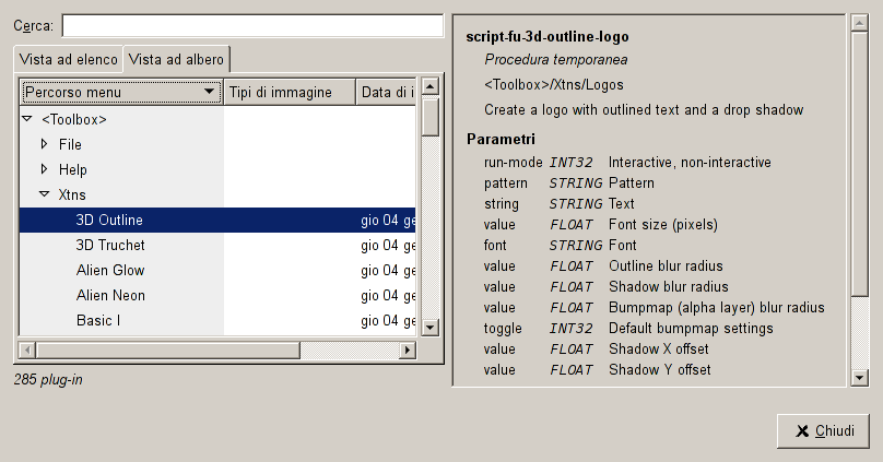 Le tre viste della finestra di dialogo del Navigatore di plug-in