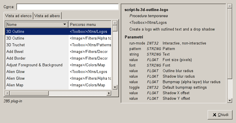 La vista elenco della finestra di dialogo del Navigatore di plug-in