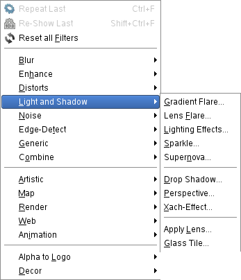The Light and Shadow filters menu