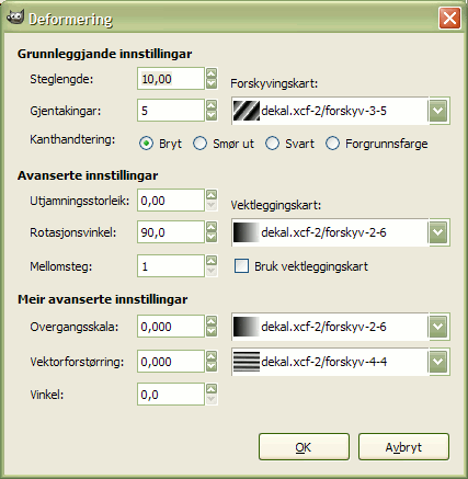 Innstillingane for filteret «Deformering»