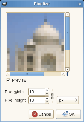 Opções do filtro pixelizar