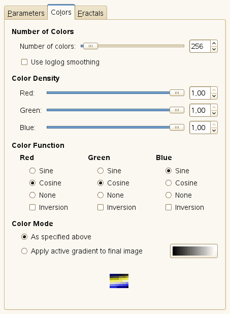 Opções para o filtro Explorador de Fractais(cores)
