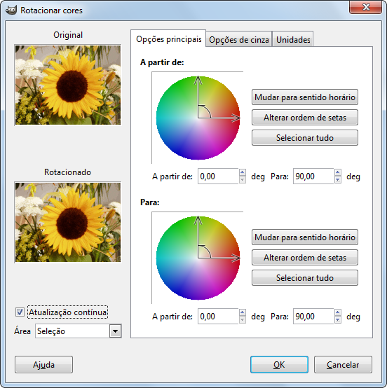 Opções principais do filtroRotaciona cores