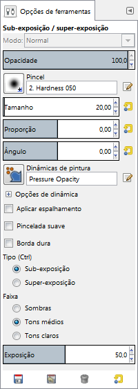 Opções da ferramenta de Sub/Super-exposição