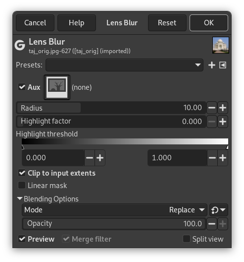 Lens Blur filter dialog options