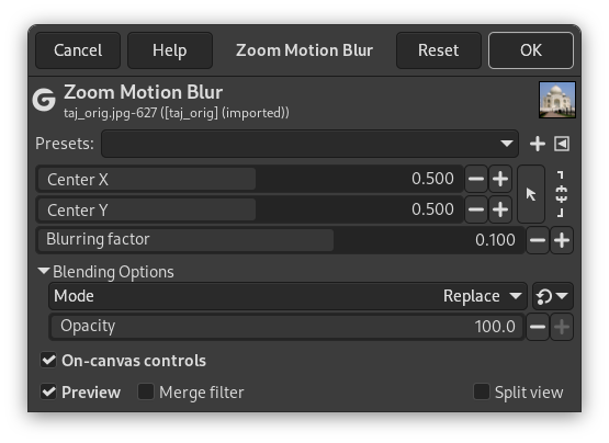 “Zoom Motion Blur” filter options