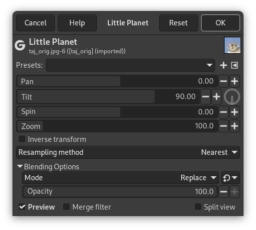 “Little Planet” filter options