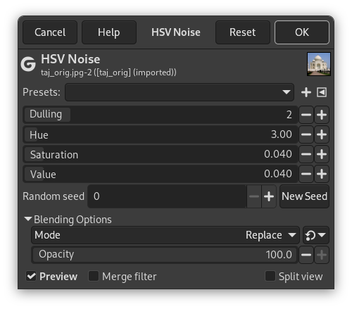 “HSV Noise” filter options