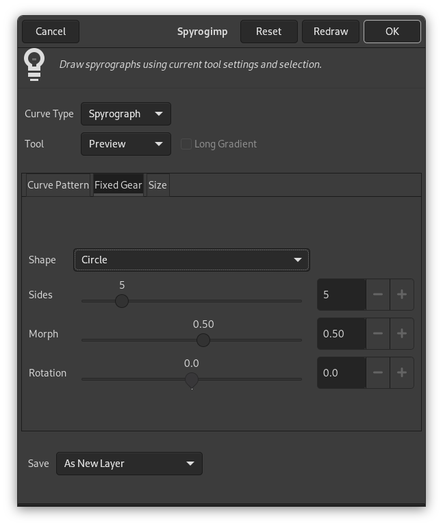 “Spyrogimp” filter options (Fixed Gear)