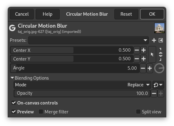 “Circular Motion Blur” filter options