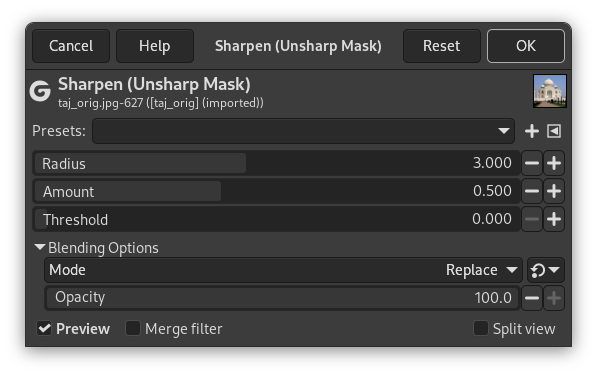 “Sharpen” filter options