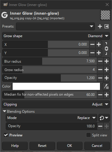 “Inner Glow” filter options