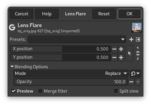 “Lens Flare” filter options